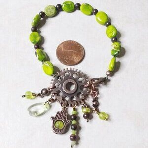 Green Sea Sediment Jasper & Copper Bracelet! Steampunk Elements w. Hamsa Hand